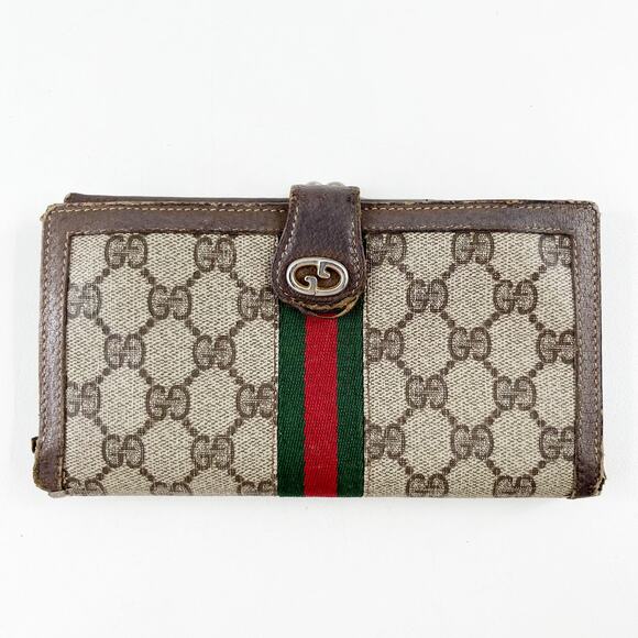 Gucci Vintage GG Supreme Web Long Trifold Wallet French Purse Brown - Picture 1 of 14